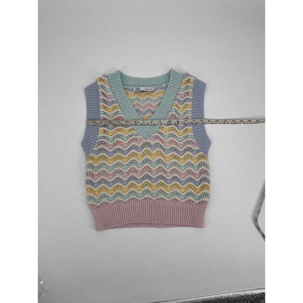 Zara Womens S Pastel Knit Sleeveless Sweater Vest Scallop Crochet Light Academia - Picture 6 of 7